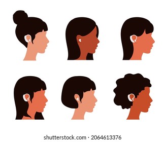 Girls avatars with hearing aid devices on their ears. Side view, a person's profile. A woman with hearing issues. Vector flat illustration.