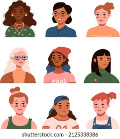 Girls avatars set. Group of diverse women portraits. Trendy different woman hair, skin, clothes, face. Feminism, freedom, independence, empowerment, rights, equality, social diversity