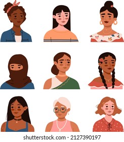 Girls avatars set. International Women's Day, 8 March greeting card, banner. Feminism, freedom, independence, empowerment, rights, equality, social diversity