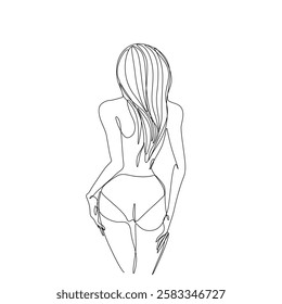 Girls back view, silhouette woman in swimsuits on summer beach enjoying vacation, continuous line drawing, isolated vector illustration, tattoo, print and logo design.