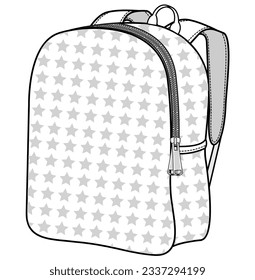 Girls Rucksack flache Skizze Vektorgrafik technische Zeichnungsvorlage. Kad-Mock-up.