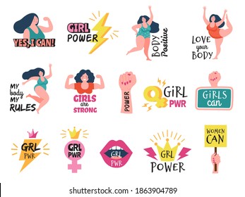 Girls badges. Feminist tags women powerful trendy sticker 80s style girl body positive logotype vector