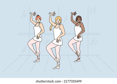 Girls in ballet dresses rehearse together indoors. Diverse ballerinas dancing performing on stage. Hobby concept. Vector illustration. 