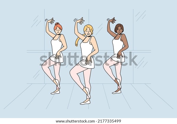 Girls in ballet dresses rehearse together indoors.
Diverse ballerinas dancing performing on stage. Hobby concept.
Vector illustration. 