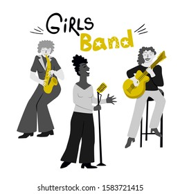 Girls band cartoon illustration in flat style. Three girls musicians perform. Singer, saxophonist and bass player. Great for invitations, posters, stickers.