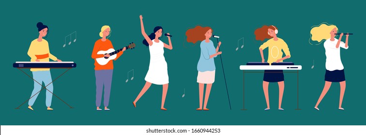 Girls band. Female musicians and singers with musical instruments. Women singing team vector characters