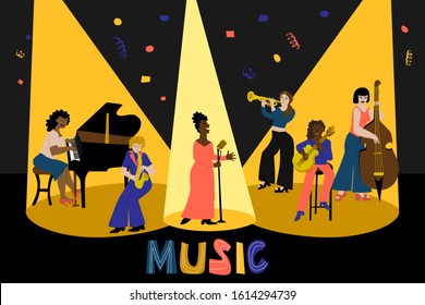 Girls band with on the stage in the spotlights cartoon illustration in flat style. Women musicians perform. Great for invitations, poster, stickers