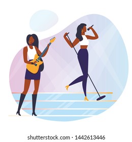 Girls Band Performance Flat Vector Illustration. Professional Singer and Guitar Player Cartoon Characters. Female Artist, Pop Rock Star Singing Live on Stage. Music Show, Entertainment Industry