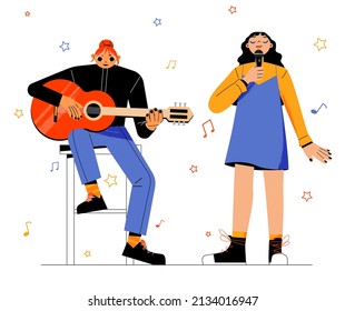 Girls band with singer and musician with guitar. Vector flat illustration of women play music and sing on concert, festival or talent show. Cute girls artists perform with microphone and instrument