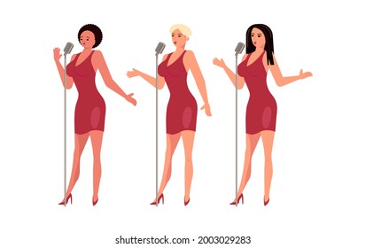 Girls band is singing with microphones on the scene. Afro-american and caucasian singers isolated on white. Flat Art Vector illustration