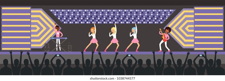 Girls band singing song on the stage, musical group performing in front of big concert audience horizontal vector Illustration