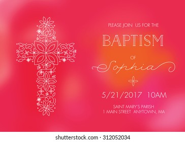 Girl's Baptism, Christening, First Communion, or Confirmation Invitation Card Template with Cross - Vector