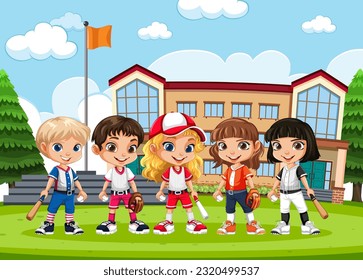 Girls in Baseball Outfits at School Scene illustration