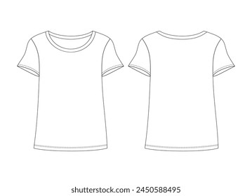 Girls Basic Half Sleeve Top Front and Back, Technical Flat Sketches, Front and Back, Silhouette, Mockup, Outline, Drawing Template,