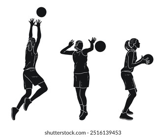 Girls basketball players with a ball in the game, silhouette of athletes