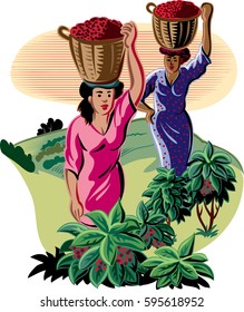 Girls with baskets of coffee.