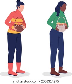 Girls with baskets in fall semi flat color vector characters set. Posing figures. Full body people on white. Fall isolated modern cartoon style illustration for graphic design and animation pack