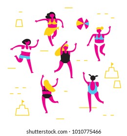 Girls in bathing suits play beach volleyball on the beach. Trendy abstract flat illustration for advertising seasonal and tourist recreation. Color scheme CMYK. Vector