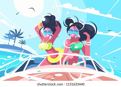 Girls in bathing suits riding speedboat in sea. Vector illustration
