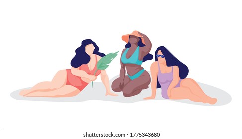 Girls in bathing suits are sitting on the beach, different in appearance, body positive, love yourself and your body. Feminine girls plus size are proud of their figure. Feminists. Be yourself.