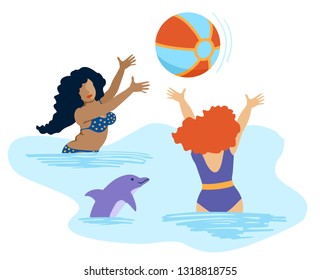 Girls and beach volleyball in the sea. Stylized woman on the beach playing ball. Vector illustration of young women throw a ball standing in the water. Vacation by the sea.