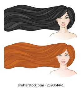 Girls with beautiful hair. Vector illustration for barber shops, beauty salons, spa salons. Horizontal banners with young European women