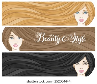 Girls with beautiful hair. Vector illustration for barber shops, beauty salons, spa salons. Horizontal banners with young European women