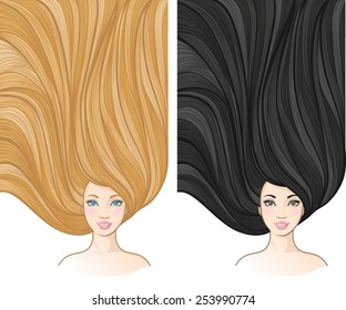 Girls with beautiful hair. Vector illustration for barber shops, beauty salons, spa salons. Horizontal banners with young European women