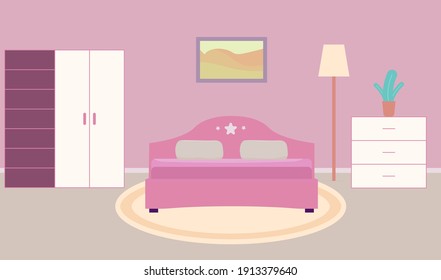 Girls bedroom interior with bed, chest, wardrobe, picture, flower and carpet. Pastel pink color. Flat design. Stock vector illustration.