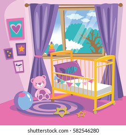 Girls Bedroom Interior. Flat Style Cartoon Vector Illustration. Baby Room In Pink. Baby Room With Furniture. Nursery Interior. 