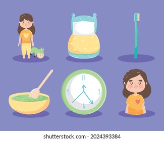 girls and bedtime icon set