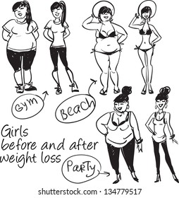 Girls before and after weight loss. Hand drawn characters, sketch, isolated