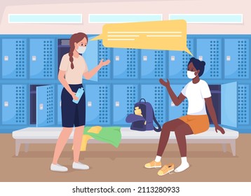 Girls Before Gym Class Flat Color Vector Illustration. Discussing Physical Classes. Students In Face Mask Talking In Dressing Room 2D Cartoon Characters With Lockers Row On Background