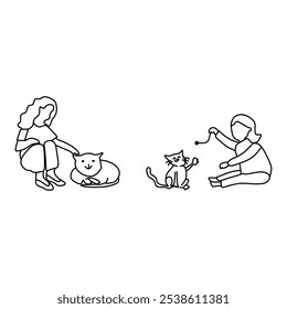  girls and beloved cats.Line silhouettes