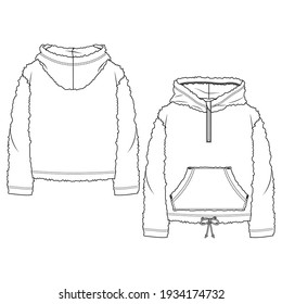 Girls Berber Pullover Hooded Top fashion flat sketch template. Technical Fashion Illustration. Faux Rabbit Sweatshirt. Zipper detail