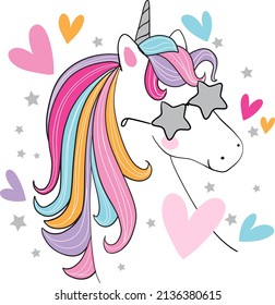 Girls best friend unicorn. The fun and party-loving unicorn's sunglasses are star-shaped. She is smiling with hearts around her with her pink, purple, blue and orange hair.