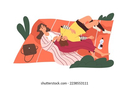 Girls, best friends relaxing together, lying on picnic blanket outdoors. Girlfriends resting in nature, talking. Happy women on summer holidays. Flat vector illustration isolated on white background