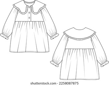 Girls with Bib Collar technical drawing, fashion CAD, template, sketch, flat. Dress with front and back view. 