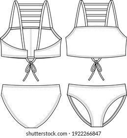 Girls Bikini fashion flat sketch template. Multiple Straps. Swimwear Technical Fashion Illustration