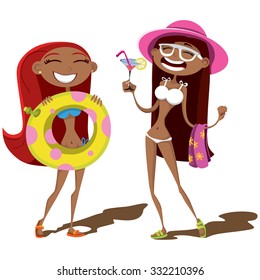 Girls in bikini on white.Two girls in vacation.Party time.