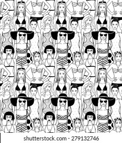 Girls in bikini swimsuits. Seamless pattern.