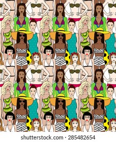 Girls in bikini swimsuits. Seamless pattern.