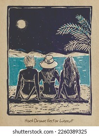 Girls in bikinis on the beach, sitting under a palm tree. Hand drawn holiday illustration, stylized in linocut or woodcut print on old paper