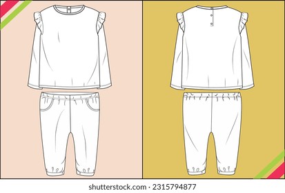 GIRLS BINDING CREW NECK LONG SLEEVE TOP AND BOTTOM SET TECHNICAL FASHION FLAT SKETCH