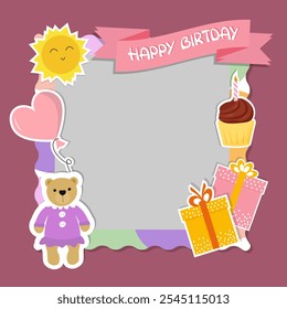 Modelo de moldura de aniversário da menina. Moldura com balões, inscrição, ursinho de pelúcia. Bolo com vela e caixas com presentes. Ilustração vetorial. Ilustração 3D