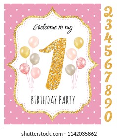 Girl's birthday invitation, birthday party with set of gold glitter numbers. Printable vector template with pink background with white polka dots and golden glitter elements.