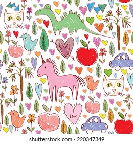 Girls birthday pink seamless pattern with animals and hearts. vector