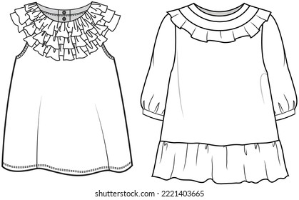 Girls Bishop Sleeve Frill Neck Dress with Frill Hem, Sleeveless Frill Neck Dress Front and Back View. Fashion Illustration, Vector, Technical Drawing, Flat Drawing, Template, Mockup.