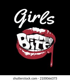 girls bite slogan in girl red lips mouth vector illustration on black background