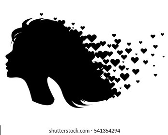 Girl's black silhouette with hearts.